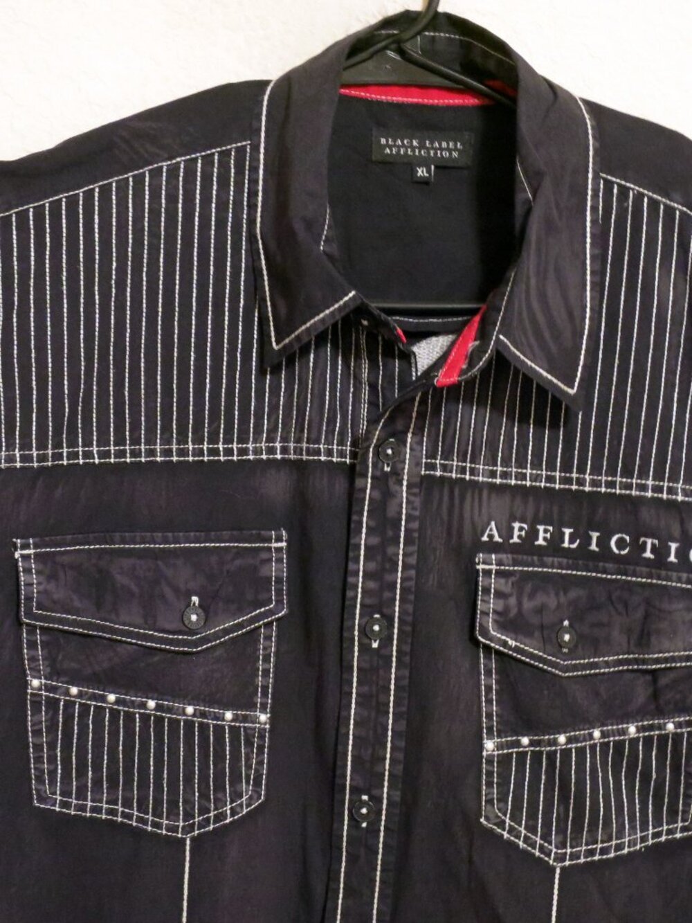 Affliction Black Label Shirt Mens XL Long Sleeve Button Black Gray Embroidery